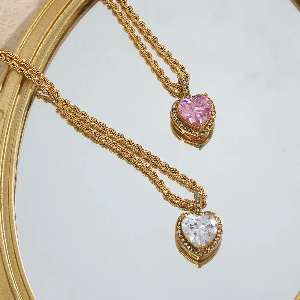 Metal Color: Steel color - 2022 New Stainless Steel PVD Plating Heart Shape AAA Cubic Zircon Stone Pendant Necklace Ladies Party Christmas Jewelry Gift
