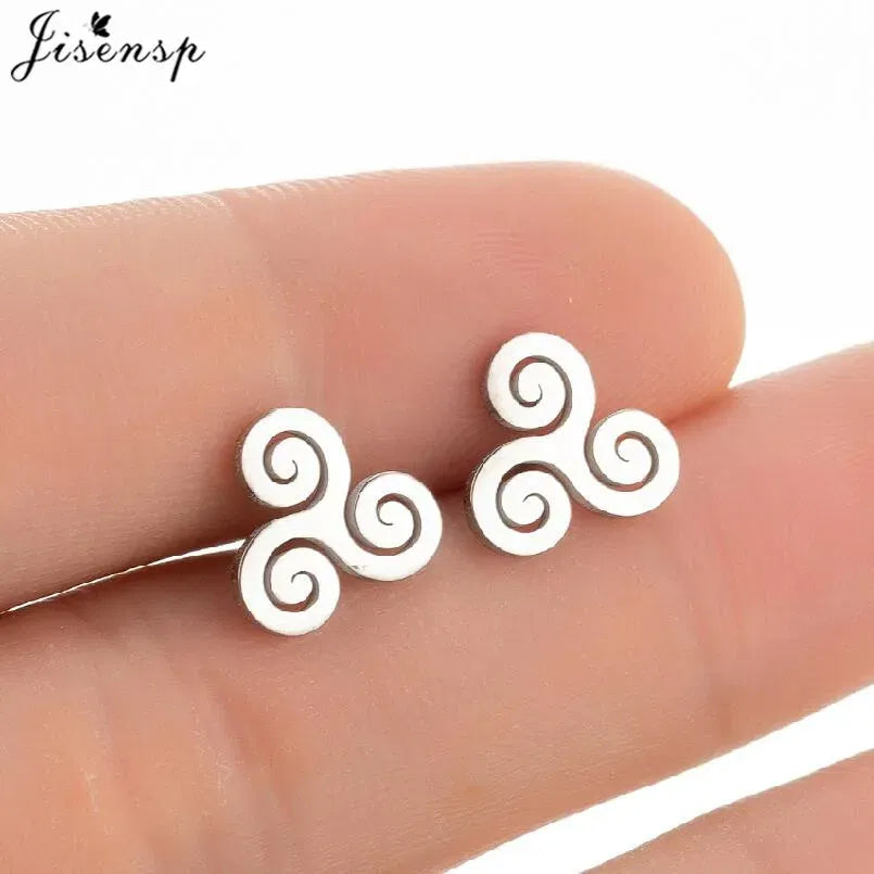 Metal Color: SILVER PLATED, Main Stone Color: Black - Cartoon The Movie Teen Wolf Triskele Triskelion Inspired Earrings Punk Stainless Steel Jewelry Triple Spiral Ear Studs Women Men