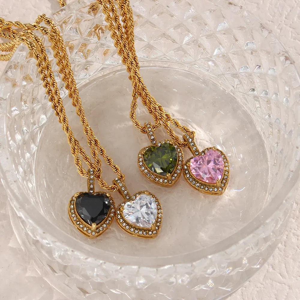 Metal Color: Steel color - 2022 New Stainless Steel PVD Plating Heart Shape AAA Cubic Zircon Stone Pendant Necklace Ladies Party Christmas Jewelry Gift