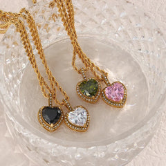 Metal Color: Steel color - 2022 New Stainless Steel PVD Plating Heart Shape AAA Cubic Zircon Stone Pendant Necklace Ladies Party Christmas Jewelry Gift
