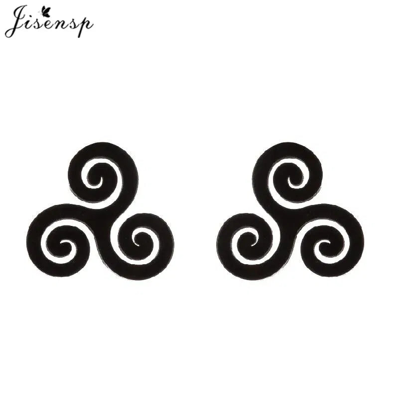 Metal Color: SILVER PLATED, Main Stone Color: Black - Cartoon The Movie Teen Wolf Triskele Triskelion Inspired Earrings Punk Stainless Steel Jewelry Triple Spiral Ear Studs Women Men