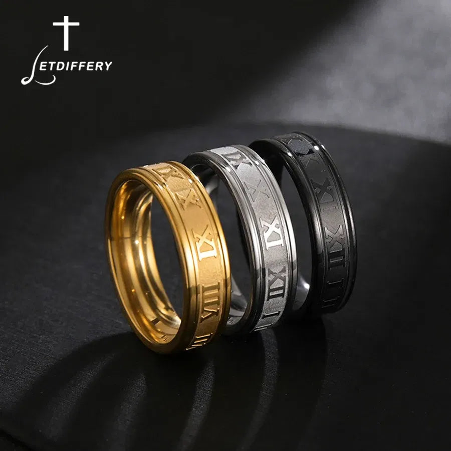 Main Stone Color: Black, Ring Size: 13 - Letdiffery 6mm Punk Roman Numerals Rings High Quality Stainless Steel Women Men Jewelry For Wholesale Dropshipping