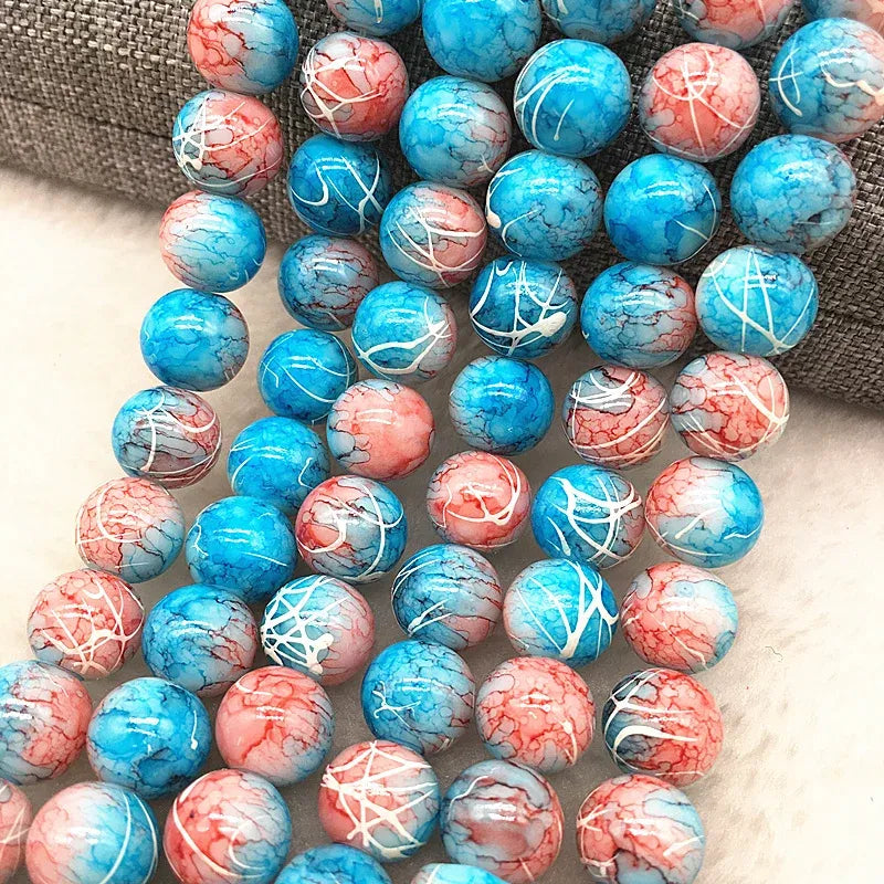 Color: Dark green, Item Diameter: 4mm - Wholesale 4/6/8/10mm Glass Beads Round Loose Spacer Beads Pattern For Jewelry Making DIY Bracelet Necklace