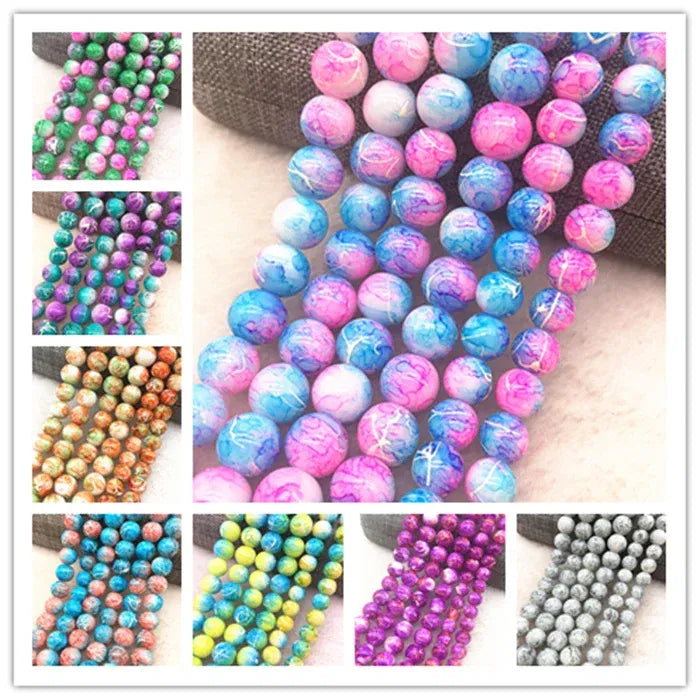 Color: Brown, Item Diameter: 5mm - Wholesale 4/6/8/10mm Glass Beads Round Loose Spacer Beads Pattern For Jewelry Making DIY Bracelet Necklace