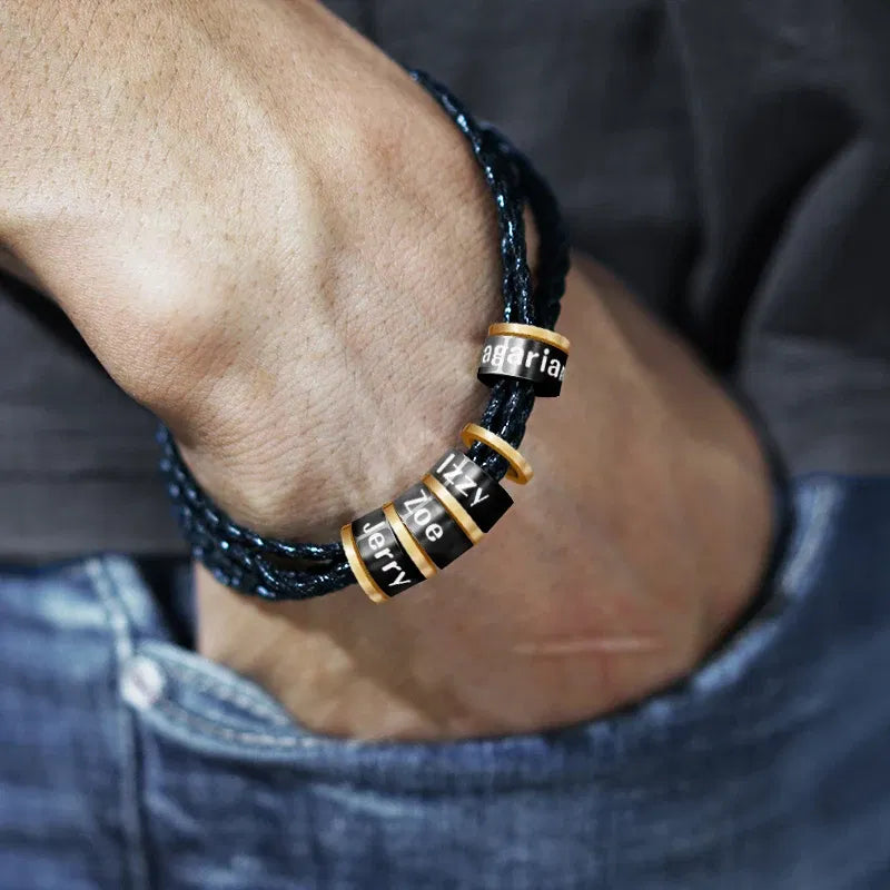 Metal Color: Rhodium Plated, Length: 19cm, Main Stone Color: green - Personalized Names Men Leather Bracelet Braided Leather Bracelet Custom Family Names Bracelet Personalized Men Bracelet Gift