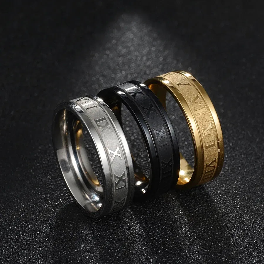 Main Stone Color: Black, Ring Size: 9.5 - Letdiffery 6mm Punk Roman Numerals Rings High Quality Stainless Steel Women Men Jewelry For Wholesale Dropshipping