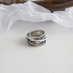 Retro CZ Multi Lines Cross 925 Sterling Silver Adjustable Ring