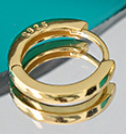Gold hoop earrings on a green background