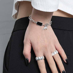 Vintage Black Rectangle Elephant Lock 925 Sterling Silver Bracelet