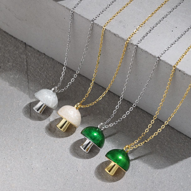 Cute Green Epoxy Mushroom 925 Sterling Silver Necklace