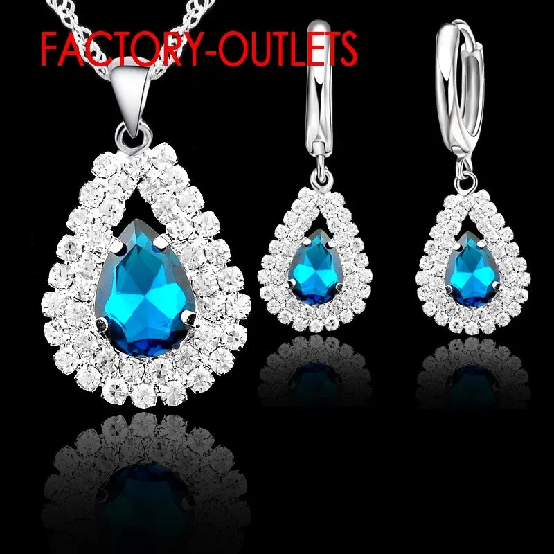 Metal color: Imitation Rhodium Plated - Hot Sale 925 Silver Needle Bridal Jewelry Sets Austrian Crystal Water Drop Necklaces Hoop Earrings Women Party Engagement
