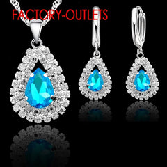 Metal color: Imitation Rhodium Plated - Hot Sale 925 Silver Needle Bridal Jewelry Sets Austrian Crystal Water Drop Necklaces Hoop Earrings Women Party Engagement