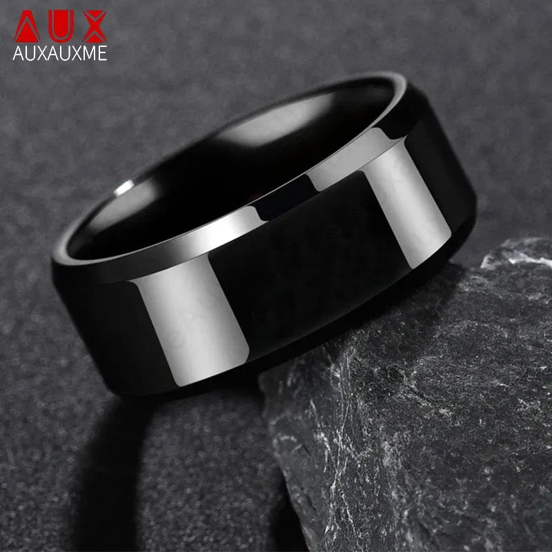 Main Stone Color: WHITE, Ring Size: 5 - Auxauxme 8mm Black Titanium Stainless Men Ring Simple Wedding Bands Rings Gift For Male Jewelry Size 5-13 Drop shipping