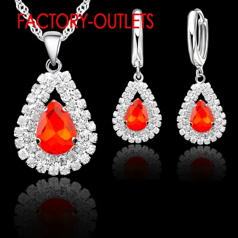 Metal color: Imitation Rhodium Plated - Hot Sale 925 Silver Needle Bridal Jewelry Sets Austrian Crystal Water Drop Necklaces Hoop Earrings Women Party Engagement
