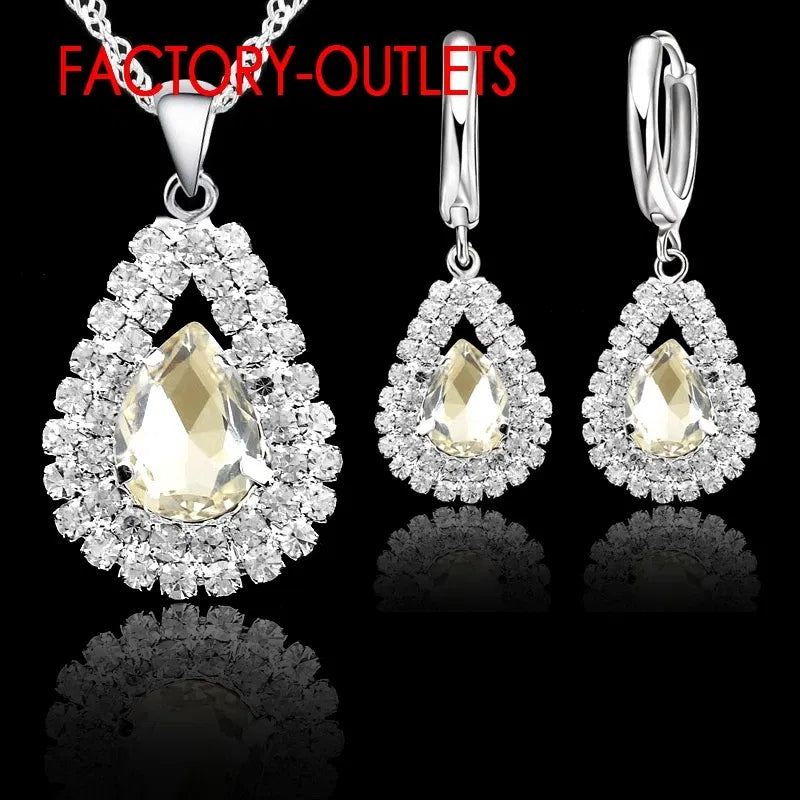 Metal color: Imitation Rhodium Plated - Hot Sale 925 Silver Needle Bridal Jewelry Sets Austrian Crystal Water Drop Necklaces Hoop Earrings Women Party Engagement