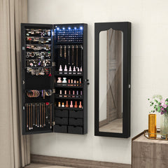 Lockable Wall Mounted Mirror Jewelry Armoire with 5 LEDs and 6 Drawers-Black - Color: Black