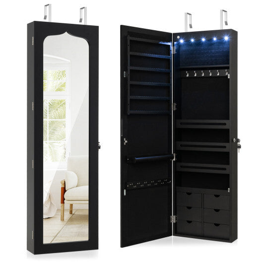 Lockable Wall Mounted Mirror Jewelry Armoire with 5 LEDs and 6 Drawers-Black - Color: Black