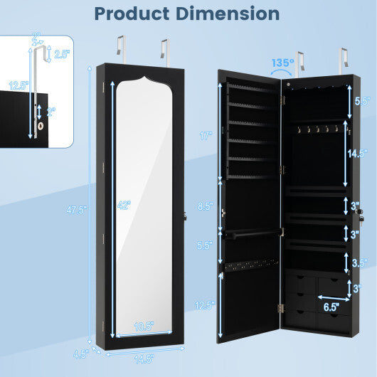 Lockable Wall Mounted Mirror Jewelry Armoire with 5 LEDs and 6 Drawers-Black - Color: Black