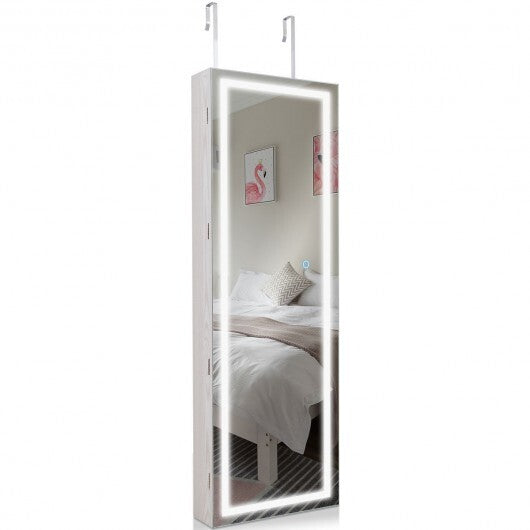 Mirrored Jewelry Armoire with Full Length Mirror and 2 Internal LED Lights-White - Color: White