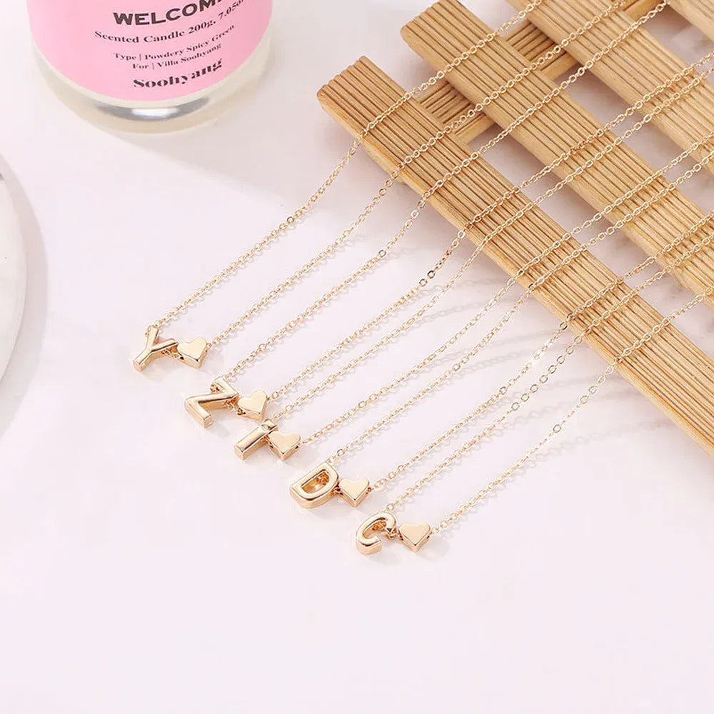 Metal Color: RED-BROWN, Main Stone Color: PURPLE - Fashion Tiny Heart Dainty Initial Necklace Gold Color Letter Name Choker Necklace For Women Pendant Jewelry Gift