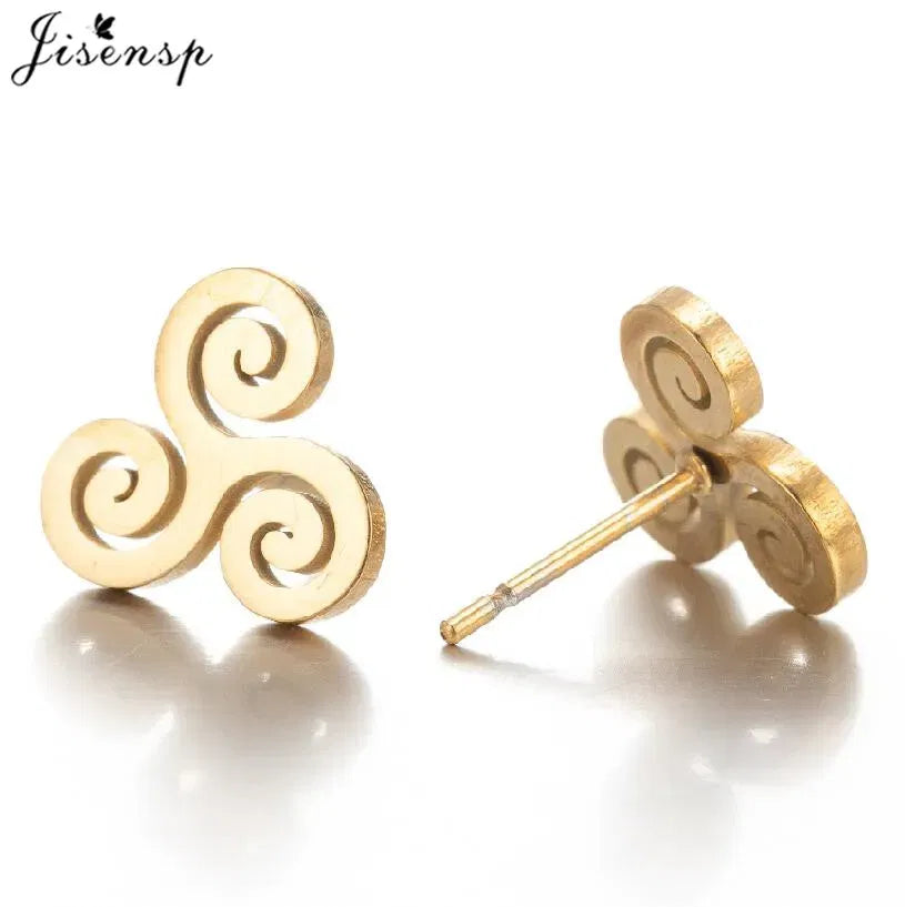 Metal Color: Antique Silver Plated, Main Stone Color: Black - Cartoon The Movie Teen Wolf Triskele Triskelion Inspired Earrings Punk Stainless Steel Jewelry Triple Spiral Ear Studs Women Men