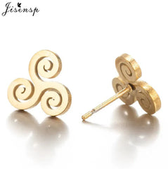 Metal Color: BRASS PLATED, Main Stone Color: Red - Cartoon The Movie Teen Wolf Triskele Triskelion Inspired Earrings Punk Stainless Steel Jewelry Triple Spiral Ear Studs Women Men