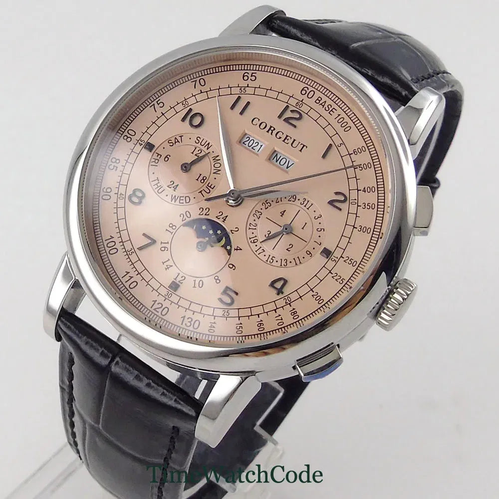 Color: Orange - Corgeut 42mm Automatic Men's Watch Date Day Month Year Rose Gold Dial Multifunction 316L Leather Strap Polished Case Day Night