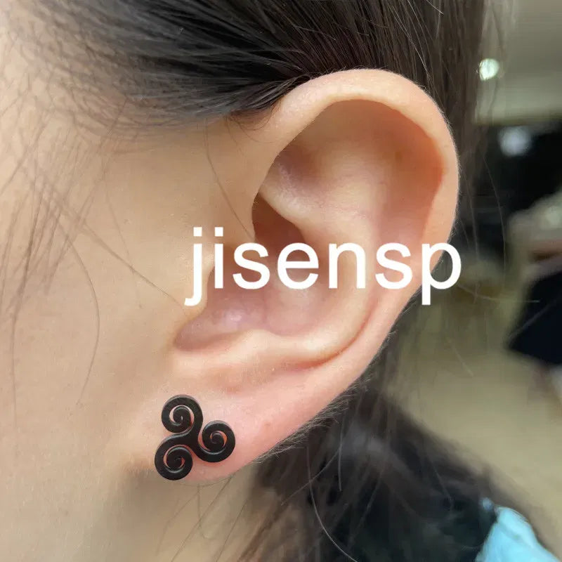 Metal Color: Antique Silver Plated, Main Stone Color: Black - Cartoon The Movie Teen Wolf Triskele Triskelion Inspired Earrings Punk Stainless Steel Jewelry Triple Spiral Ear Studs Women Men