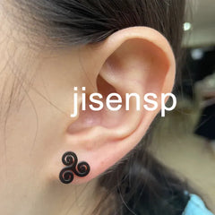 Metal Color: Blue Zinc Plated, Main Stone Color: Red - Cartoon The Movie Teen Wolf Triskele Triskelion Inspired Earrings Punk Stainless Steel Jewelry Triple Spiral Ear Studs Women Men