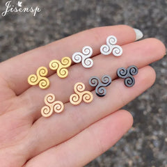 Metal Color: Antique Silver Plated, Main Stone Color: Black - Cartoon The Movie Teen Wolf Triskele Triskelion Inspired Earrings Punk Stainless Steel Jewelry Triple Spiral Ear Studs Women Men