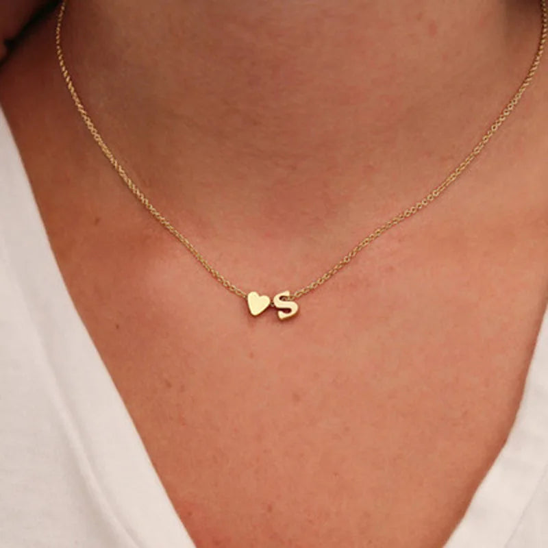 Metal Color: RED-BROWN, Main Stone Color: PURPLE - Fashion Tiny Heart Dainty Initial Necklace Gold Color Letter Name Choker Necklace For Women Pendant Jewelry Gift