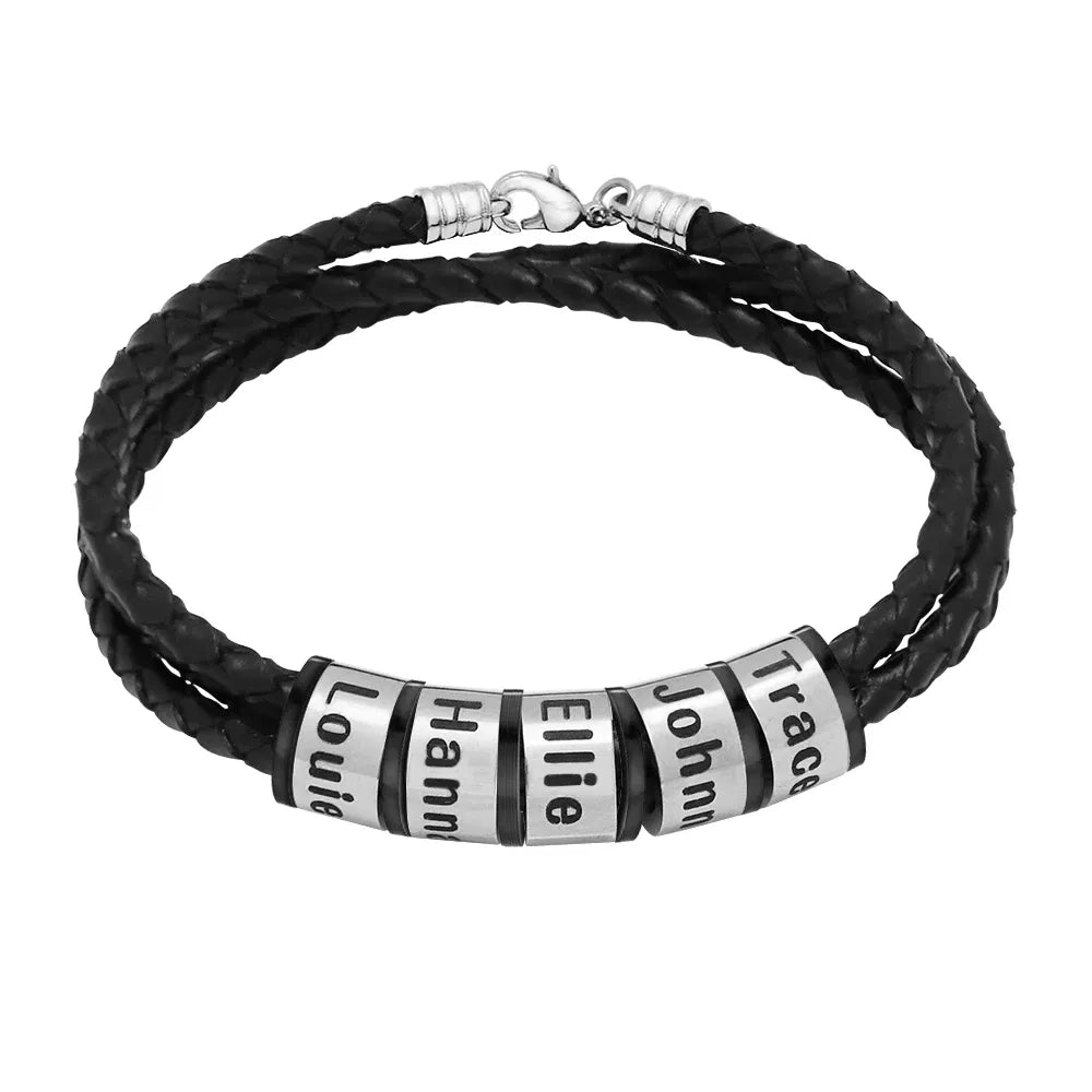 Metal Color: Rhodium Plated, Length: 19cm, Main Stone Color: green - Personalized Names Men Leather Bracelet Braided Leather Bracelet Custom Family Names Bracelet Personalized Men Bracelet Gift
