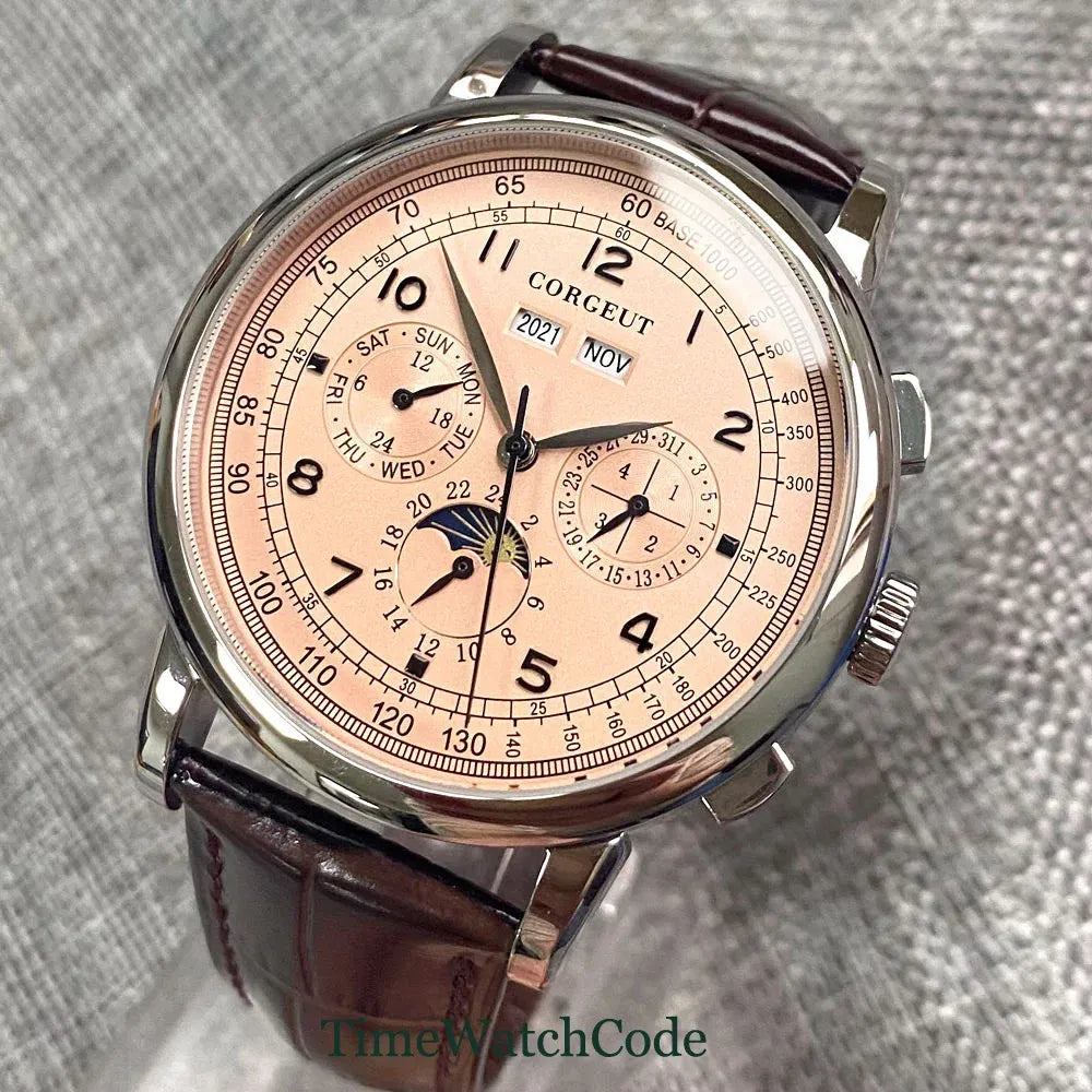 Color: Orange - Corgeut 42mm Automatic Men's Watch Date Day Month Year Rose Gold Dial Multifunction 316L Leather Strap Polished Case Day Night