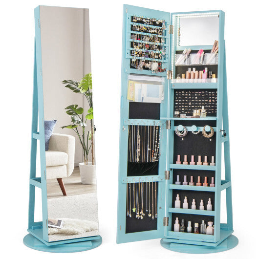 360 Rotating Mirrored Jewelry Cabinet Armoire 3 Color LED Modes Lockable-Blue - Color: Blue