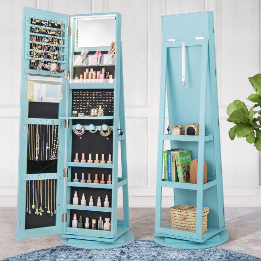 360 Rotating Mirrored Jewelry Cabinet Armoire 3 Color LED Modes Lockable-Blue - Color: Blue