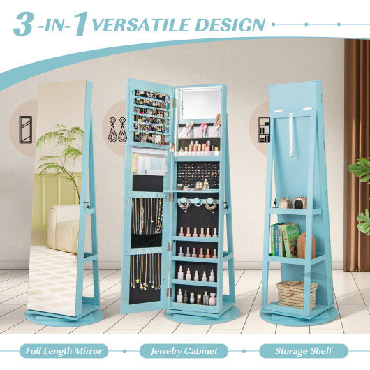 360 Rotating Mirrored Jewelry Cabinet Armoire 3 Color LED Modes Lockable-Blue - Color: Blue