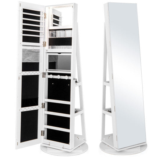 360? Rotating Mirrored Jewelry Cabinet Armoire 3 Color LED Modes Lockable-White - Color: White