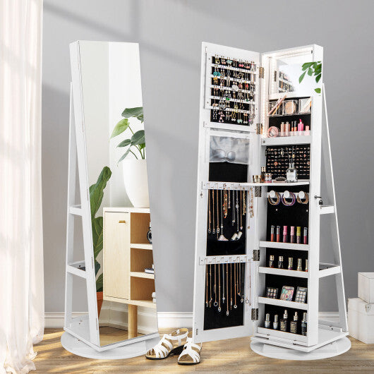 360? Rotating Mirrored Jewelry Cabinet Armoire 3 Color LED Modes Lockable-White - Color: White