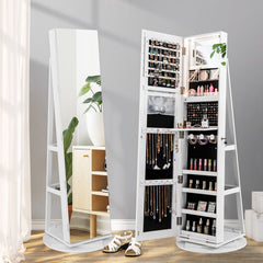 360? Rotating Mirrored Jewelry Cabinet Armoire 3 Color LED Modes Lockable-White - Color: White