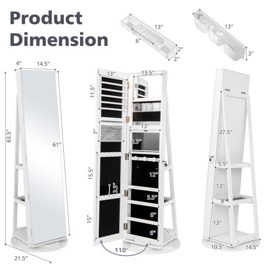360? Rotating Mirrored Jewelry Cabinet Armoire 3 Color LED Modes Lockable-White - Color: White