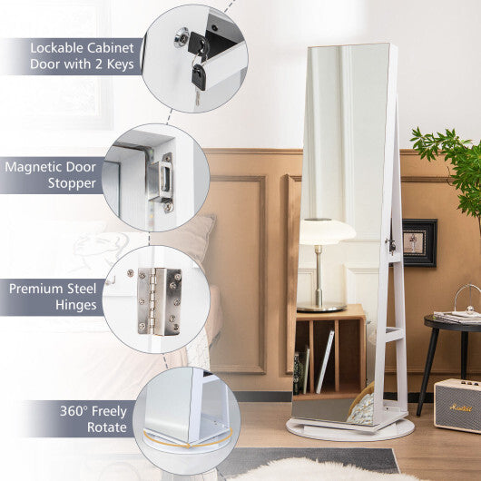360? Rotating Mirrored Jewelry Cabinet Armoire 3 Color LED Modes Lockable-White - Color: White