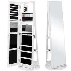 360? Rotating Mirrored Jewelry Cabinet Armoire 3 Color LED Modes Lockable-White - Color: White