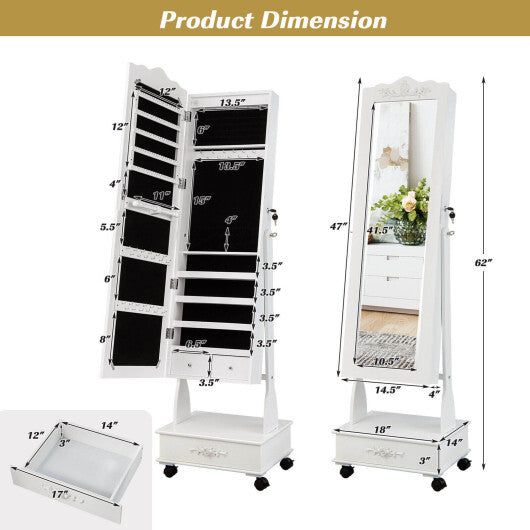 Rolling Floor Standing Mirrored Jewelry Armoire with Lock and Drawers-White - Color: White