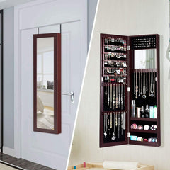 Full Length Mirror Jewelry Cabinet with Ring Slots and Necklace Hooks-Dark Brown - Color: Dark Brown