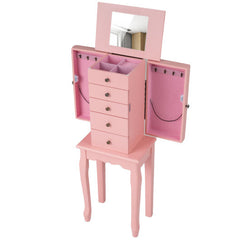 2 Colors Armoire Storage Standing Jewelry Cabinet with Mirror-Pink - Color: Pink