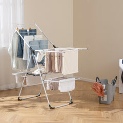 2-level Laundry Drying Rack with Height Adjustable Wings - Color: White