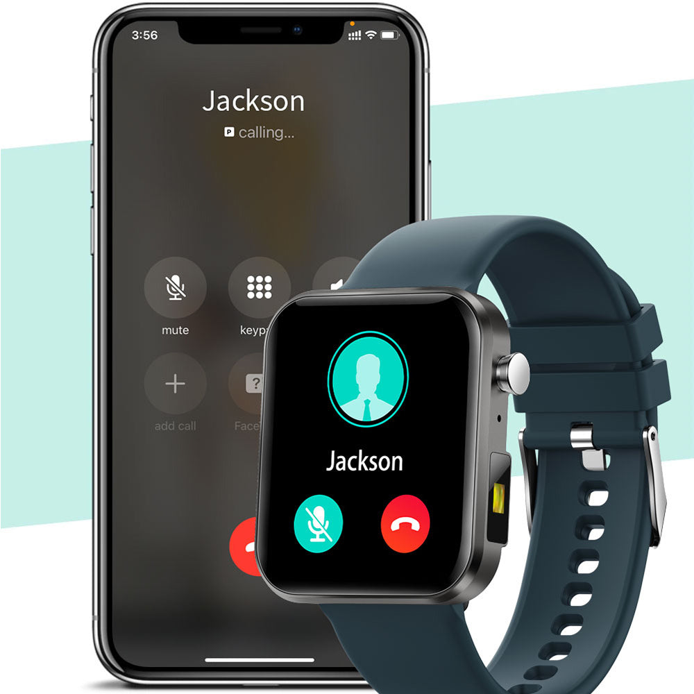Smartphone and smartwatch displaying a call from 'Jackson' on a light blue background