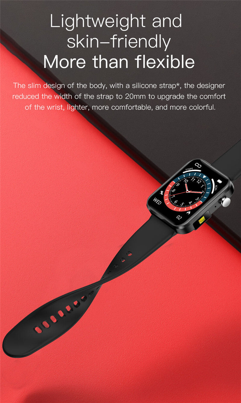 Smartwatch with a black silicone strap on a red and black background