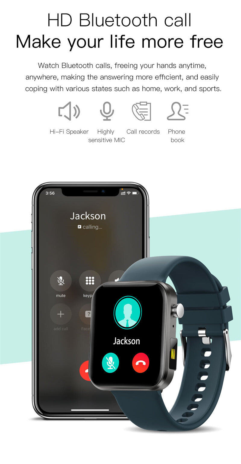 Smartphone and smartwatch displaying a call interface with 'Jackson' on the screen, set against a light blue background.