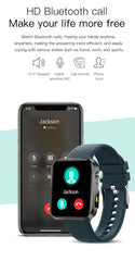 Smartphone and smartwatch displaying a call interface with 'Jackson' on the screen, set against a light blue background.